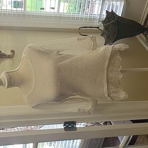 LeModa cream open weave lace trim hem tunic 3/4 roll tab sleeve Cotton Large …